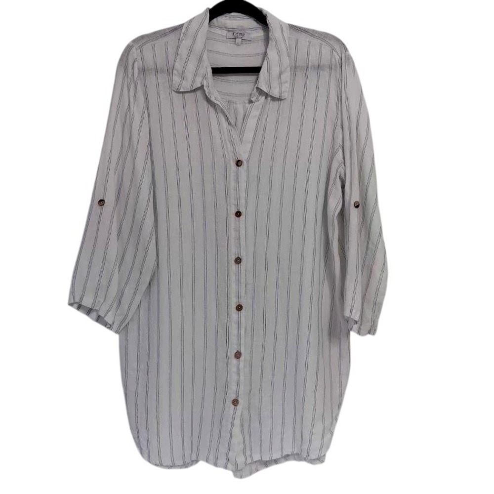 Rosemarine Shirt Womens Large White Blue Striped Linen Made in Italy Roll Tab